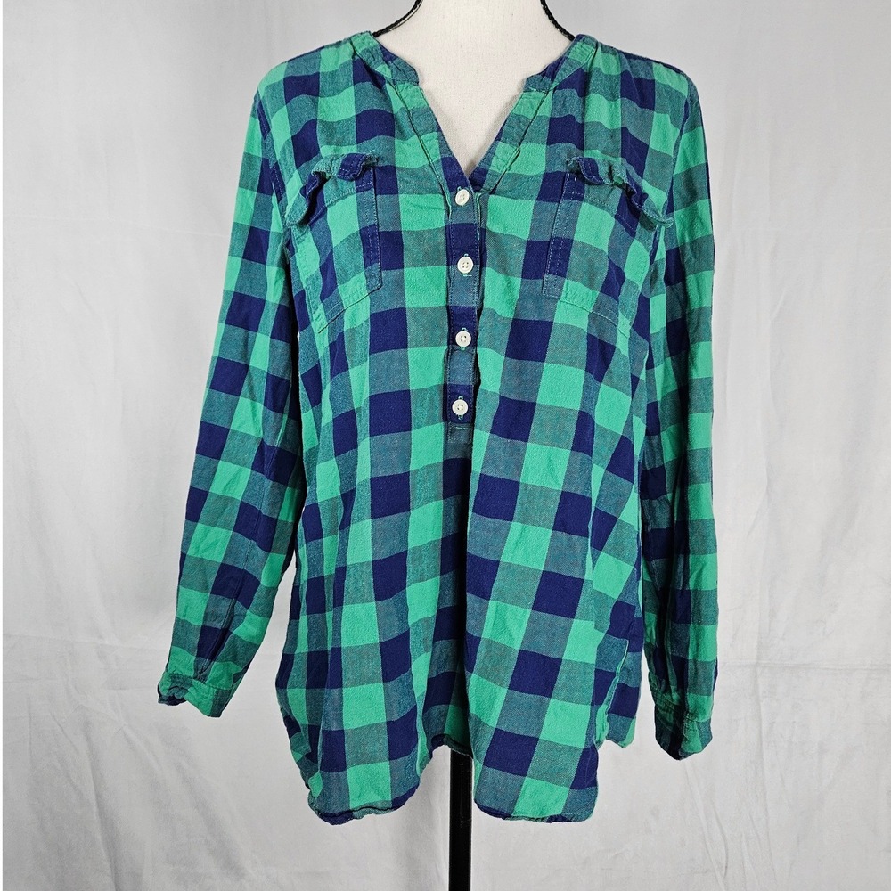 Old Navy Large Green Navy Buffalo Plaid Flannel Popover Roll‎ Tab Shirt